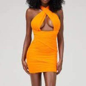 House of CB Mistress Rocks Over It Orange Gathered Mesh Halter Neck Mini Dress